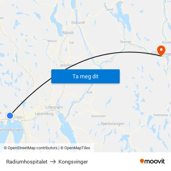 Radiumhospitalet to Kongsvinger map