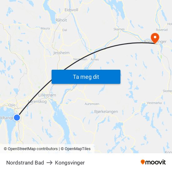 Nordstrand Bad to Kongsvinger map