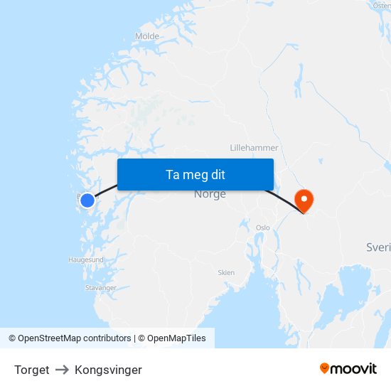 Torget to Kongsvinger map
