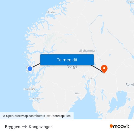 Bryggen to Kongsvinger map