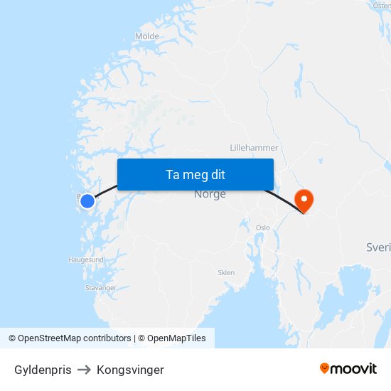 Gyldenpris to Kongsvinger map