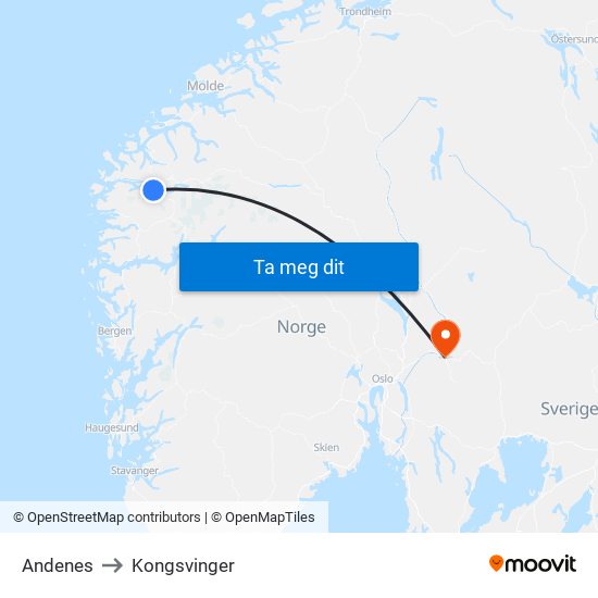 Andenes to Kongsvinger map