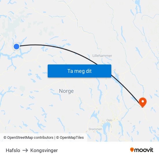 Hafslo to Kongsvinger map