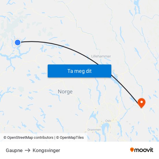 Gaupne to Kongsvinger map