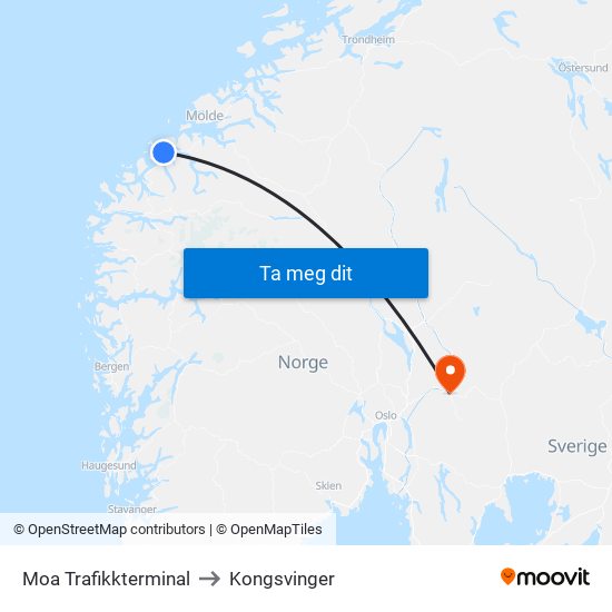 Moa Trafikkterminal to Kongsvinger map