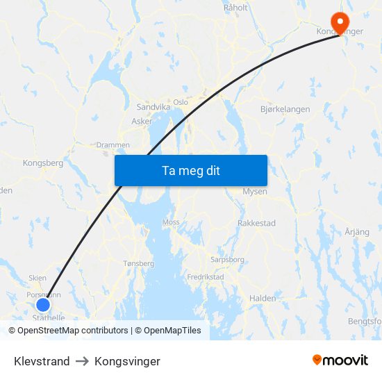 Klevstrand to Kongsvinger map