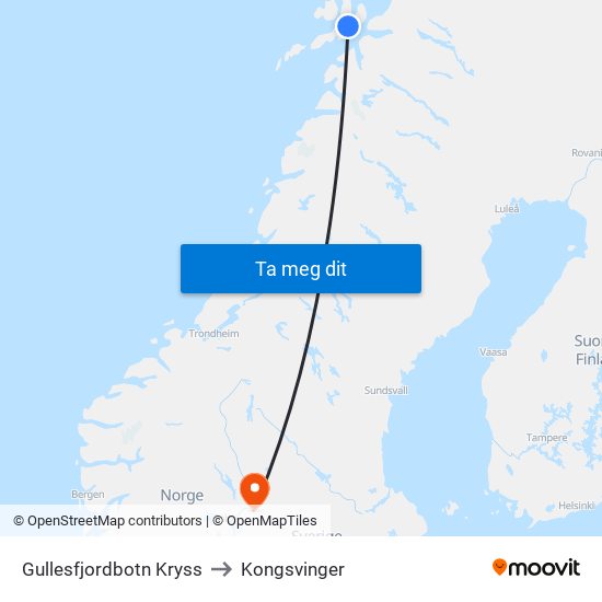 Gullesfjordbotn Kryss to Kongsvinger map
