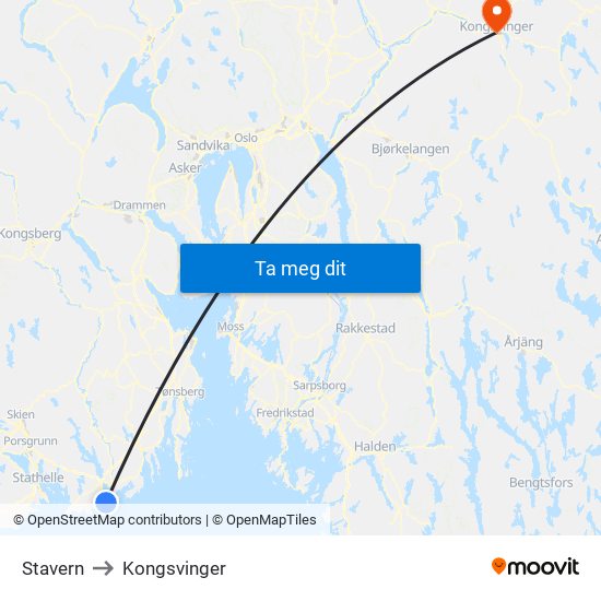Stavern to Kongsvinger map