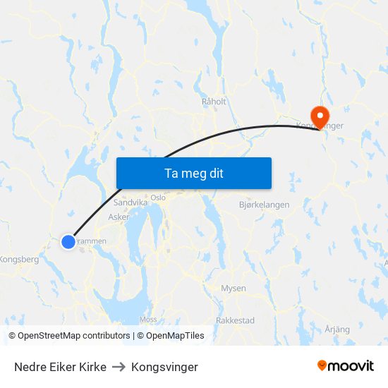 Nedre Eiker Kirke to Kongsvinger map