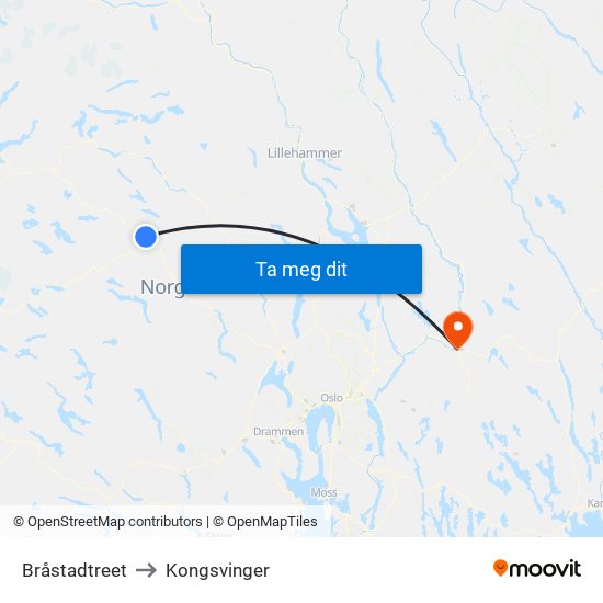 Bråstadtreet to Kongsvinger map