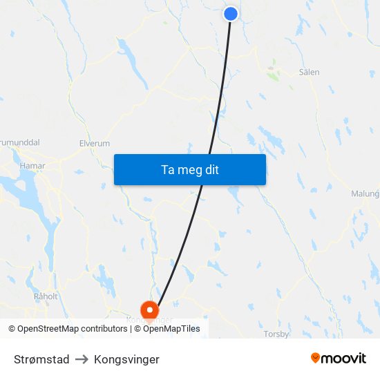 Strømstad to Kongsvinger map