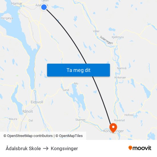 Ådalsbruk Skole to Kongsvinger map
