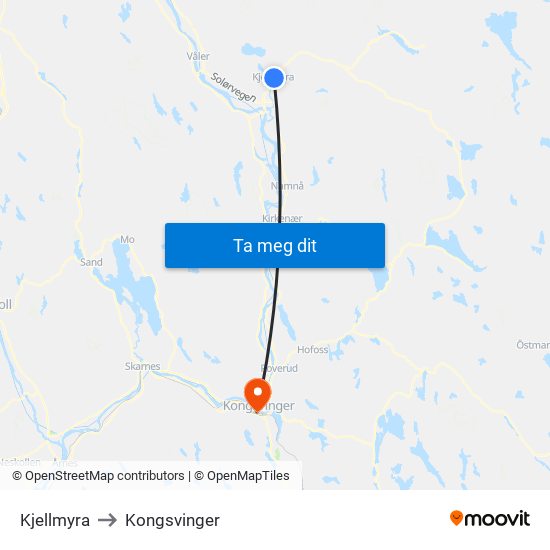 Kjellmyra to Kongsvinger map