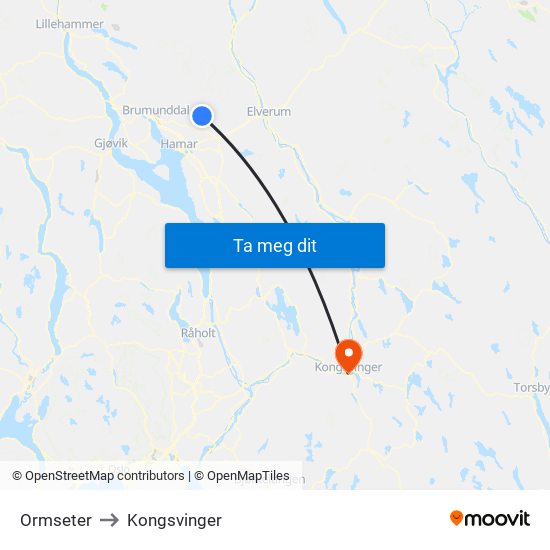 Ormseter to Kongsvinger map