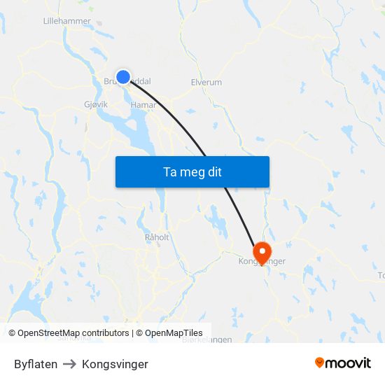 Byflaten to Kongsvinger map