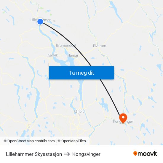 Lillehammer Skysstasjon to Kongsvinger map