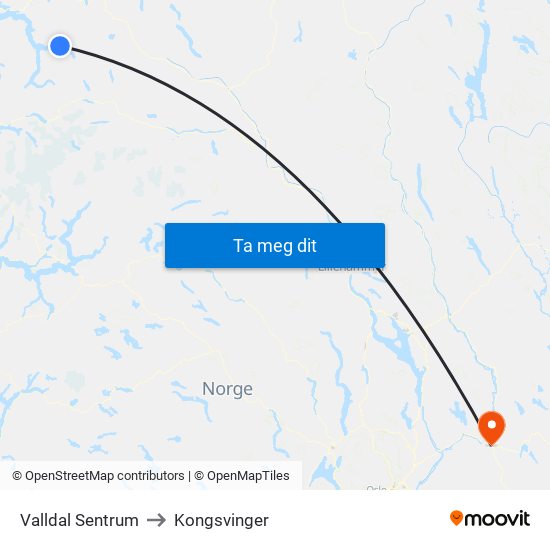 Valldal Sentrum to Kongsvinger map