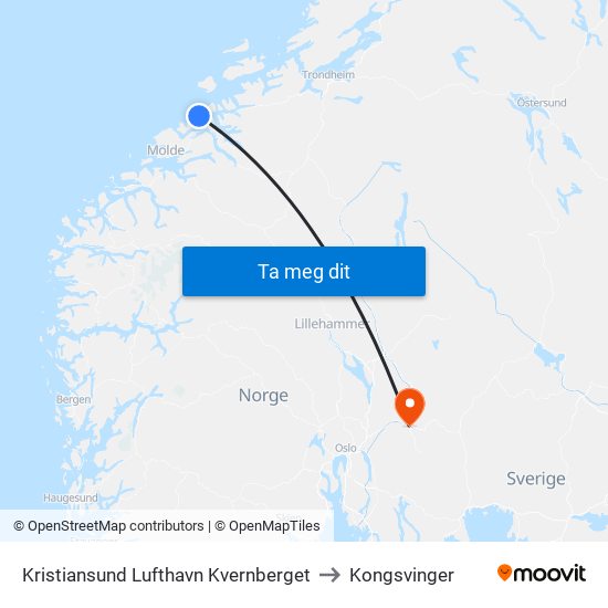 Kristiansund Lufthavn Kvernberget to Kongsvinger map