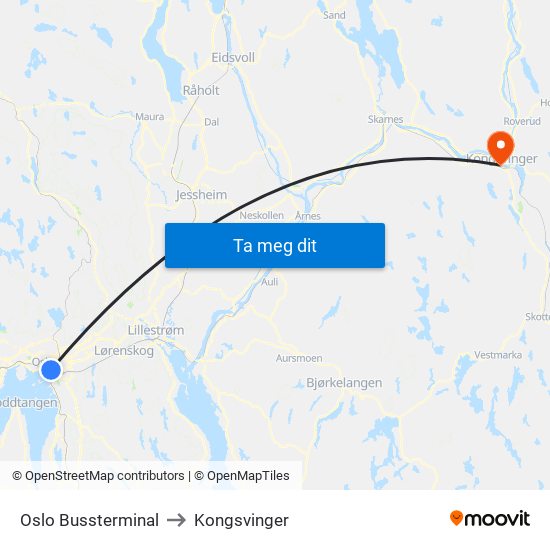 Oslo Bussterminal to Kongsvinger map