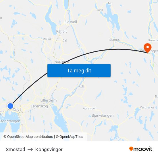 Smestad to Kongsvinger map