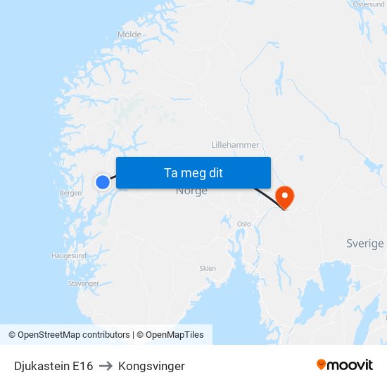 Djukastein E16 to Kongsvinger map