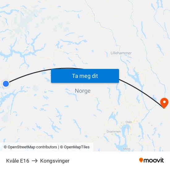 Kvåle E16 to Kongsvinger map