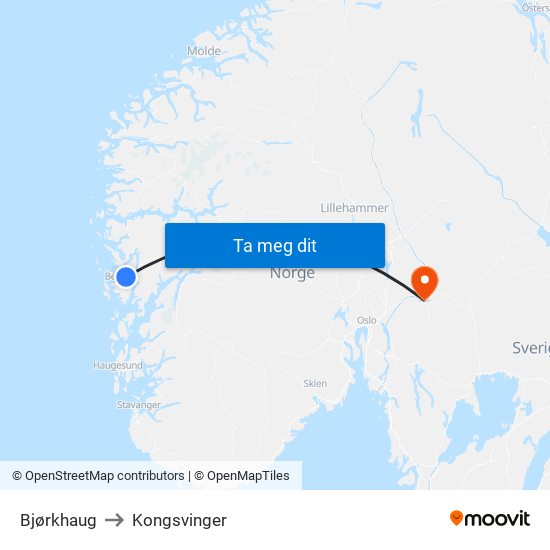 Bjørkhaug to Kongsvinger map
