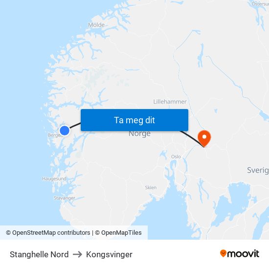 Stanghelle Nord to Kongsvinger map