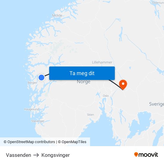 Vassenden to Kongsvinger map