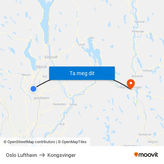 Oslo Lufthavn to Kongsvinger map