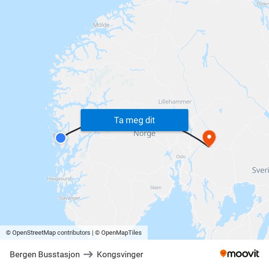 Bergen Busstasjon to Kongsvinger map