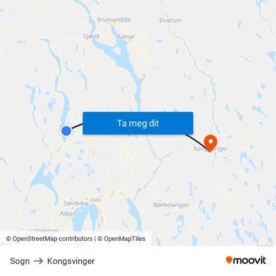 Sogn to Kongsvinger map