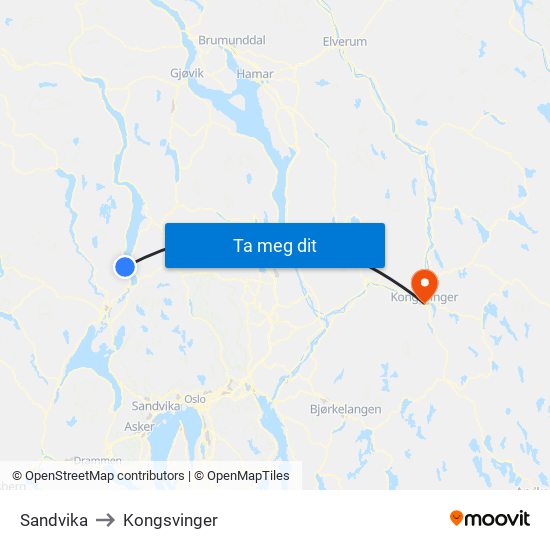 Sandvika to Kongsvinger map