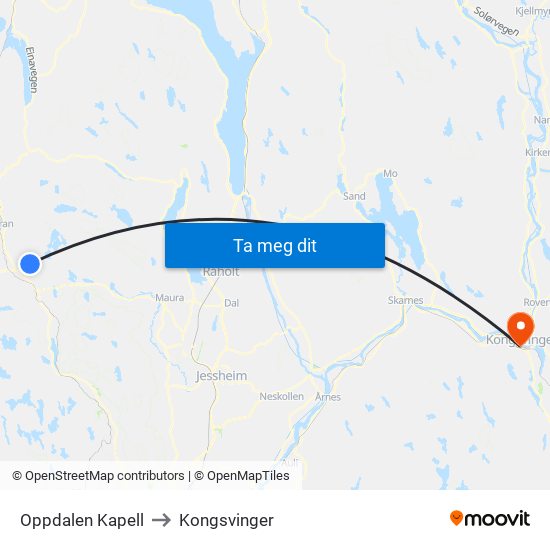 Oppdalen Kapell to Kongsvinger map