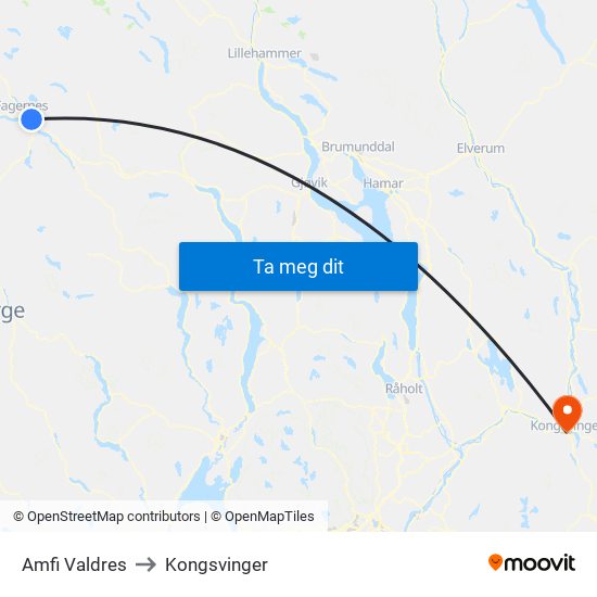 Amfi Valdres to Kongsvinger map