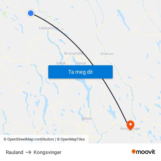 Rauland to Kongsvinger map