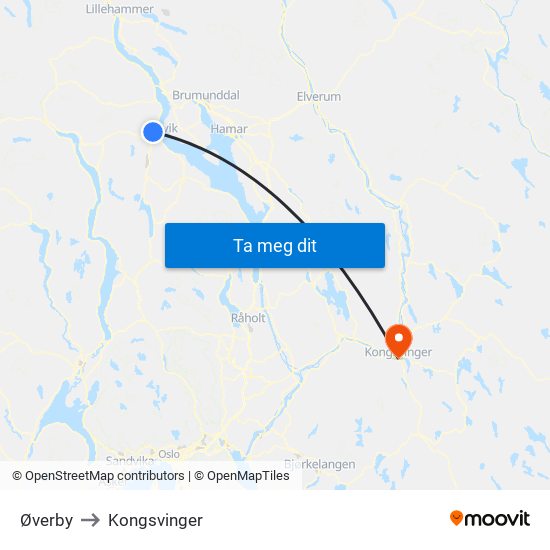 Øverby to Kongsvinger map