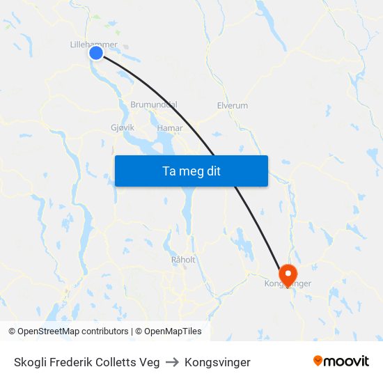 Skogli Frederik Colletts Veg to Kongsvinger map