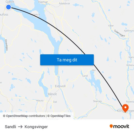 Sandli to Kongsvinger map