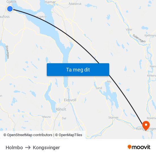 Holmbo to Kongsvinger map
