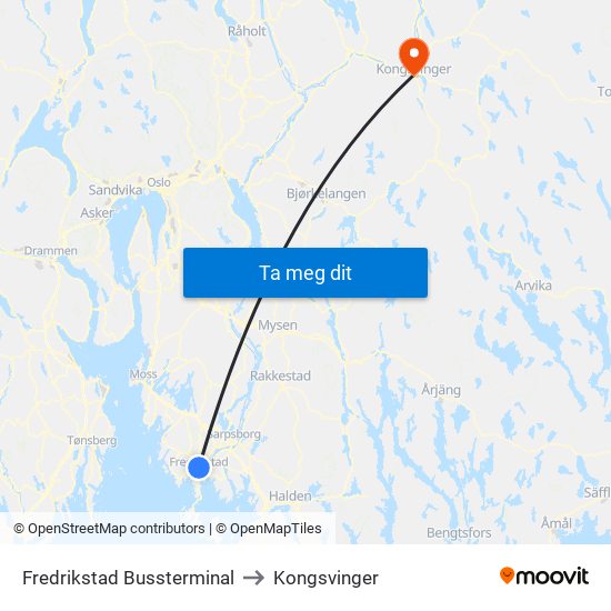 Fredrikstad Bussterminal to Kongsvinger map