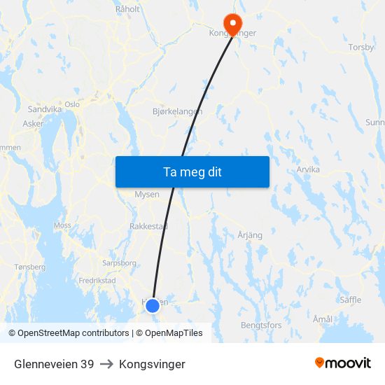 Glenneveien 39 to Kongsvinger map