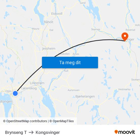 Brynseng T to Kongsvinger map