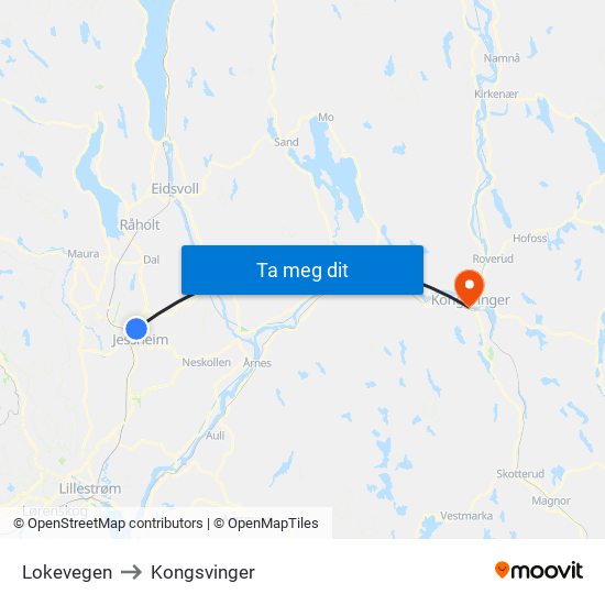 Lokevegen to Kongsvinger map