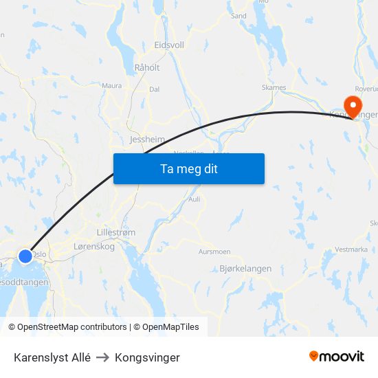 Karenslyst Allé to Kongsvinger map