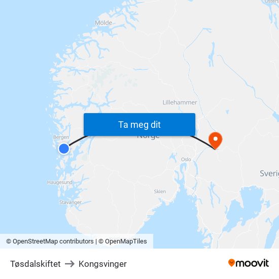 Tøsdalskiftet to Kongsvinger map