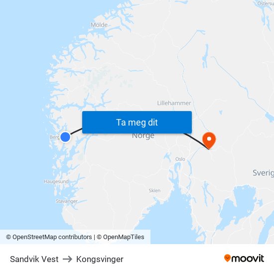 Sandvik Vest to Kongsvinger map