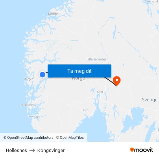 Hellesnes to Kongsvinger map