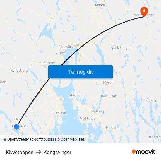 Klyvetoppen to Kongsvinger map