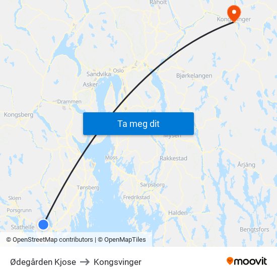 Ødegården Kjose to Kongsvinger map